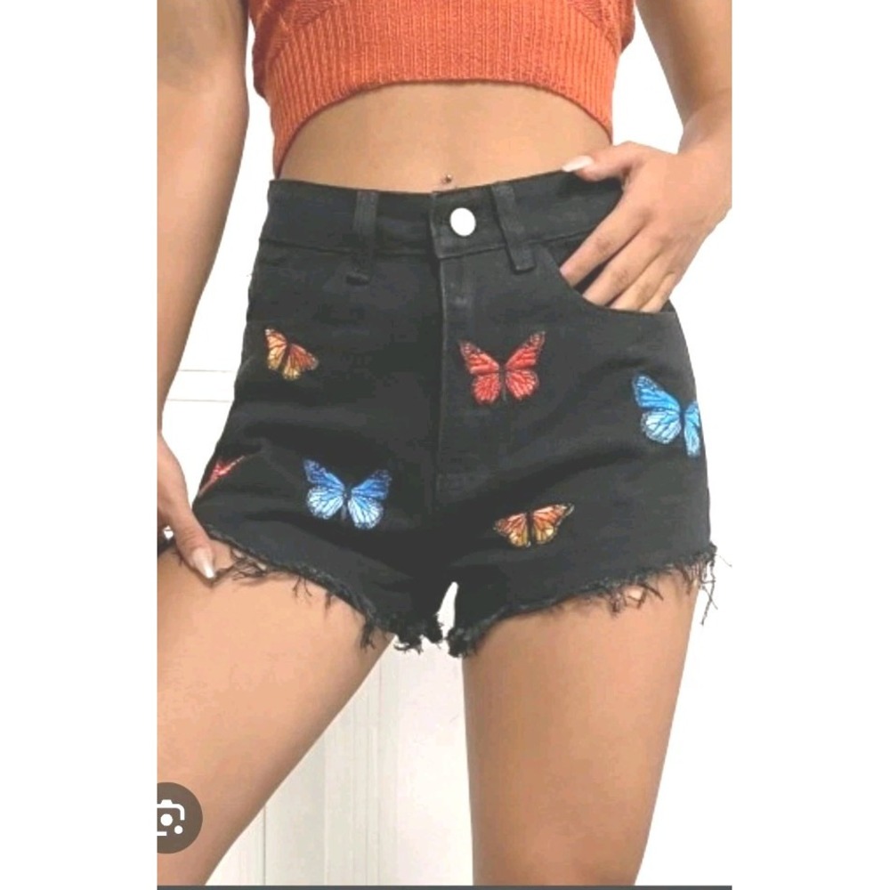 Celestial Boho Hippie Denim Cut Off Tattered Shorts With‎ Butterfly Patches M/28
